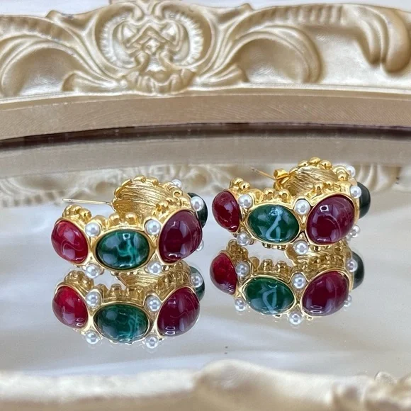 Gemstone Hoop Earrings PVD Gold Plated Stainless Steel with Pearls Natural Stone - Picture 12 of 14